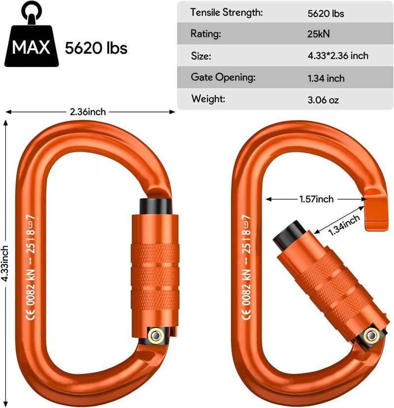 FVW CE Certified Auto Locking Climbing Carabiners, Professional 25KN (5620 lbs) Heavy Duty Caribeaners for Rappelling Swing Rescue & Gym etc, Large D-Shaped Carabiners - Image 3